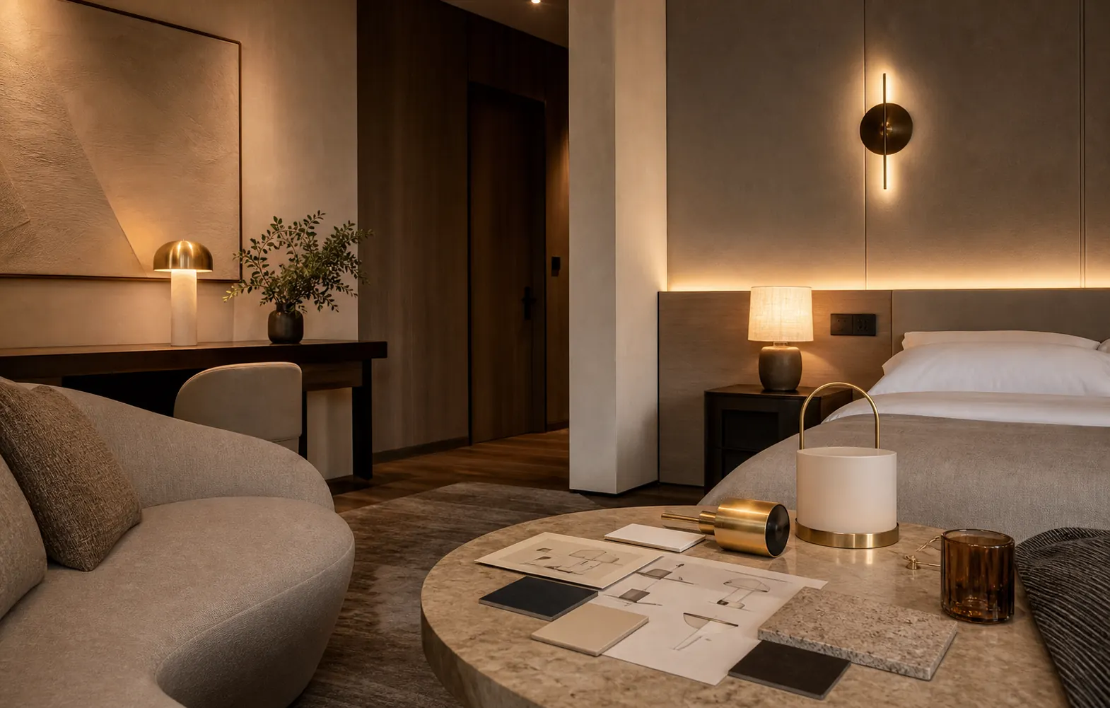 Warm decorative table lamp in a project room setting